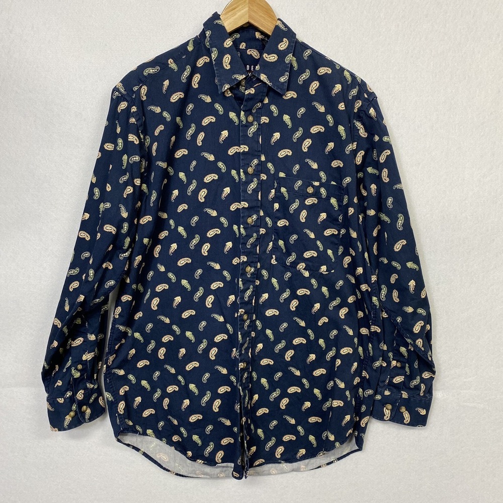 Trader Bay Men M Button Down Shirt Navy Blue Paisley 90s Vintage Preppy Friends